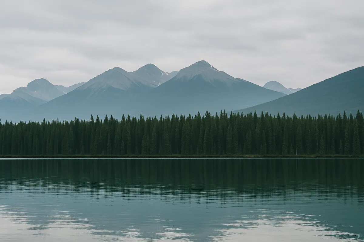 A calm lake below distant mountains in Canada on an overcast morning