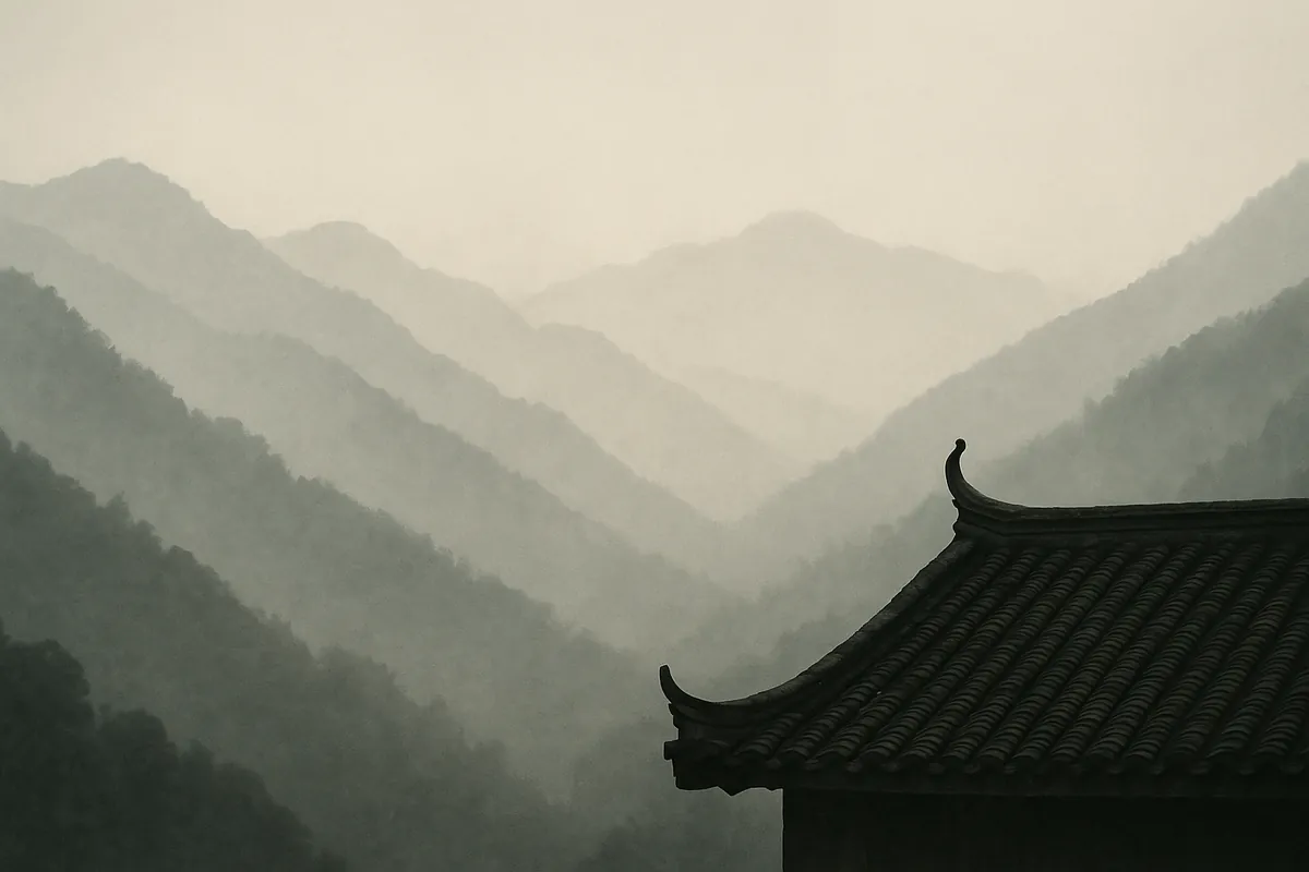 Misty layered mountains and a distant traditional rooftop in China
