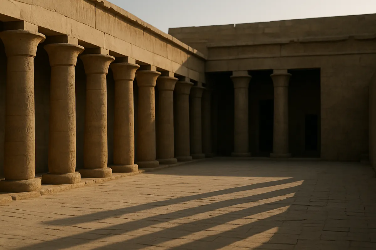 Sandstone columns casting long shadows in an ancient Egyptian courtyard