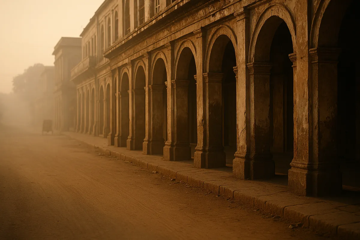 Colonial-era arcades on an Indian city street at dawn