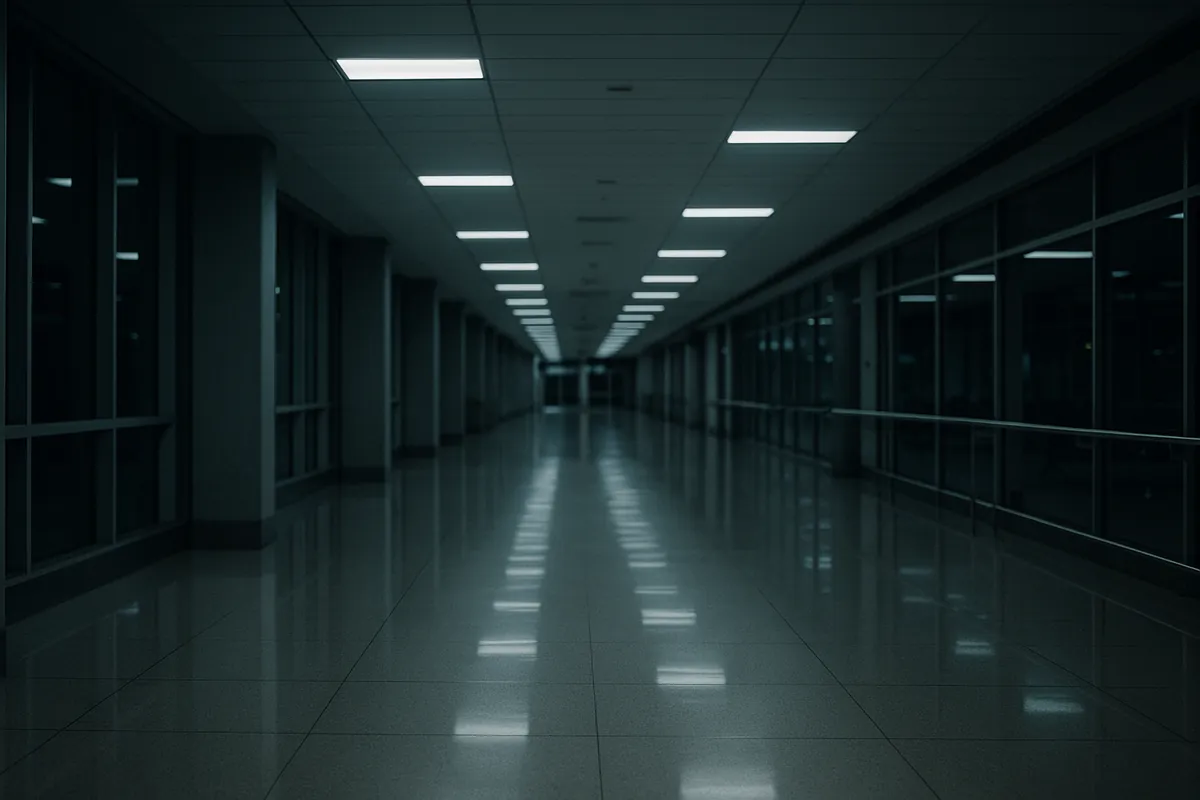 An empty airport corridor at night