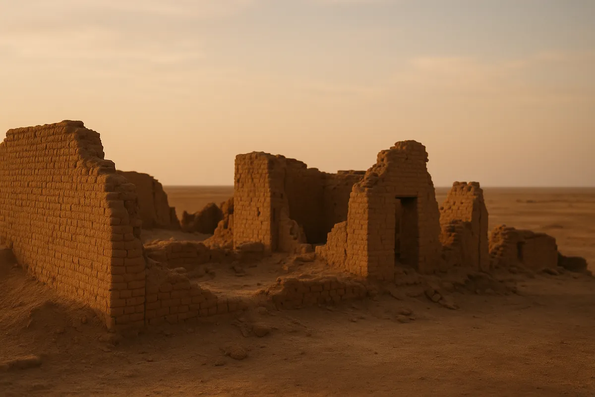 Ancient mudbrick ruins under an open desert sky in Iraq