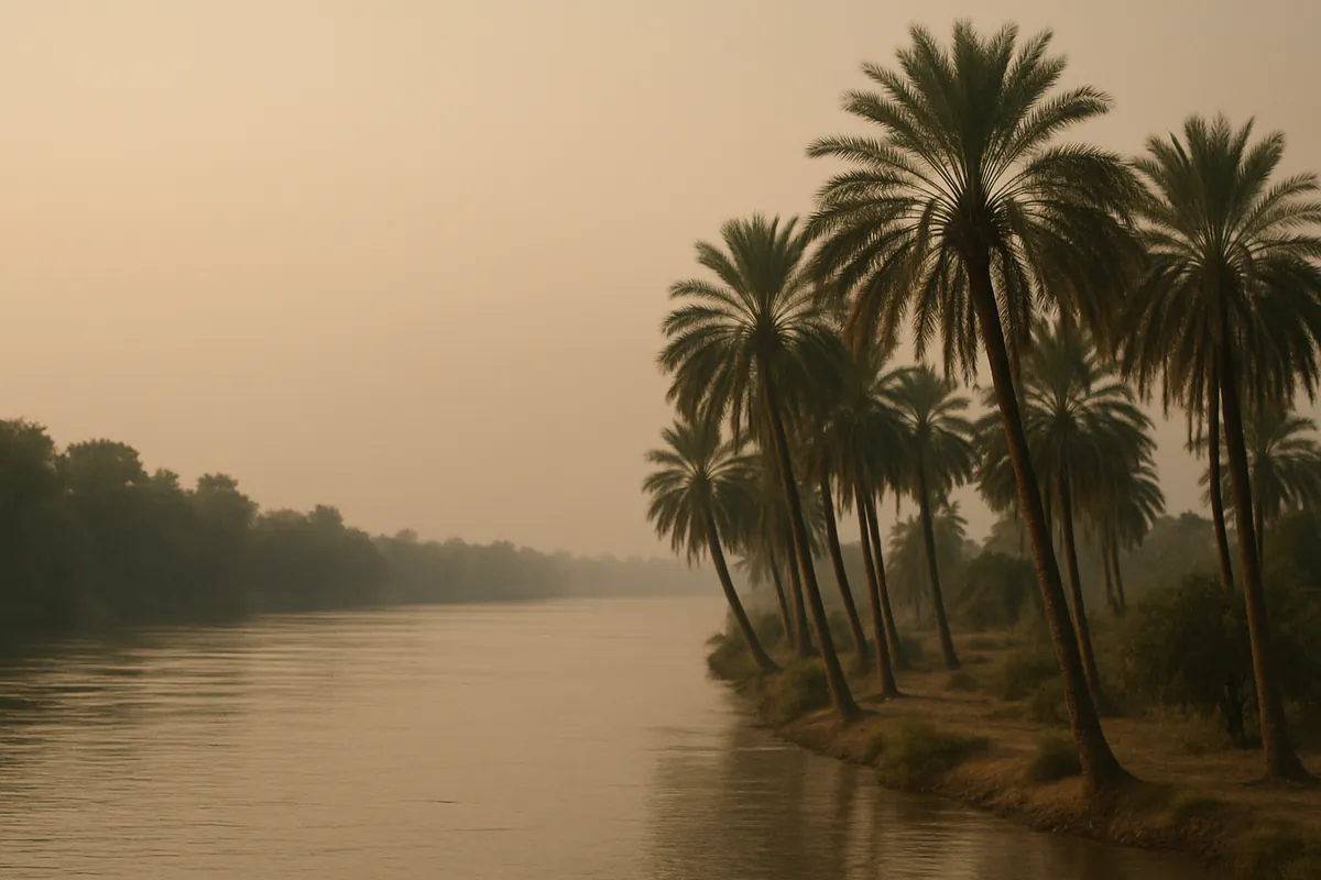 Palm trees along a wide slow river at dusk