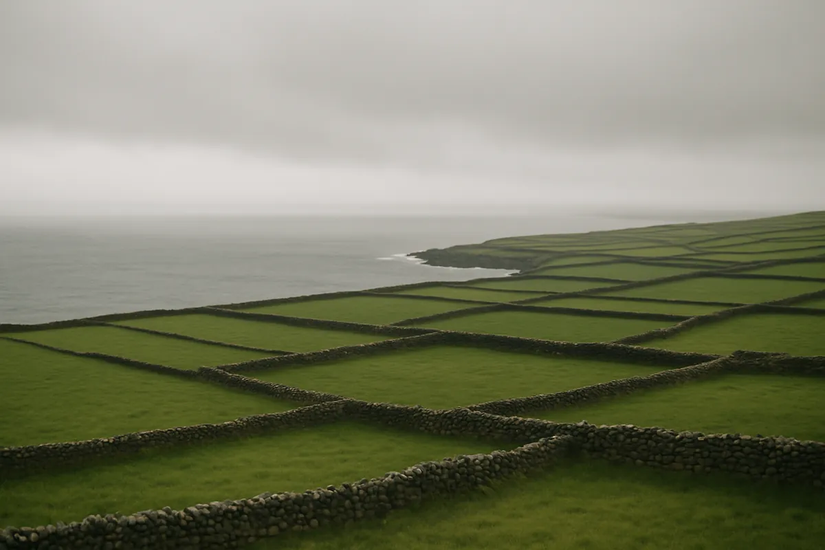Green fields divided by dry stone walls on the Irish coast