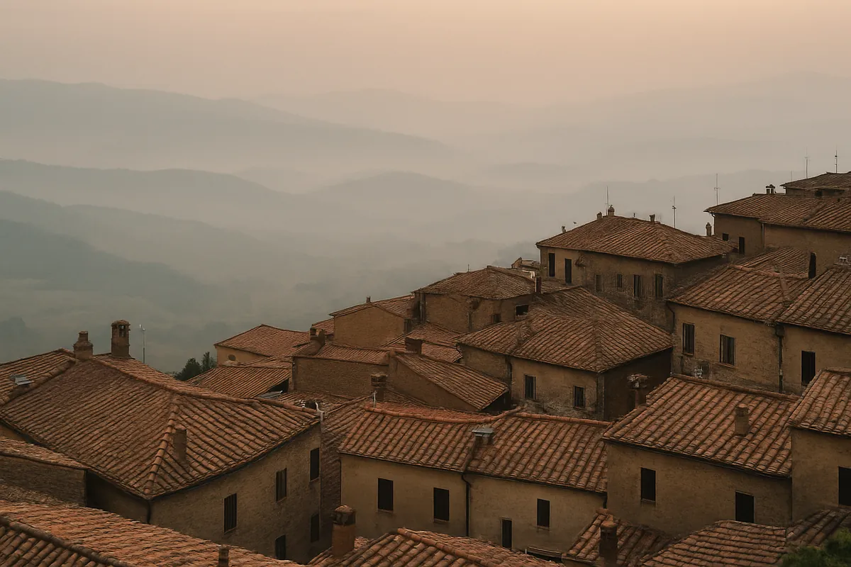 Terracotta rooftops of an Italian hill town at dawn