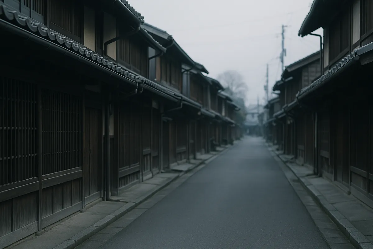 A quiet street of low wooden buildings in Japan in grey morning light
