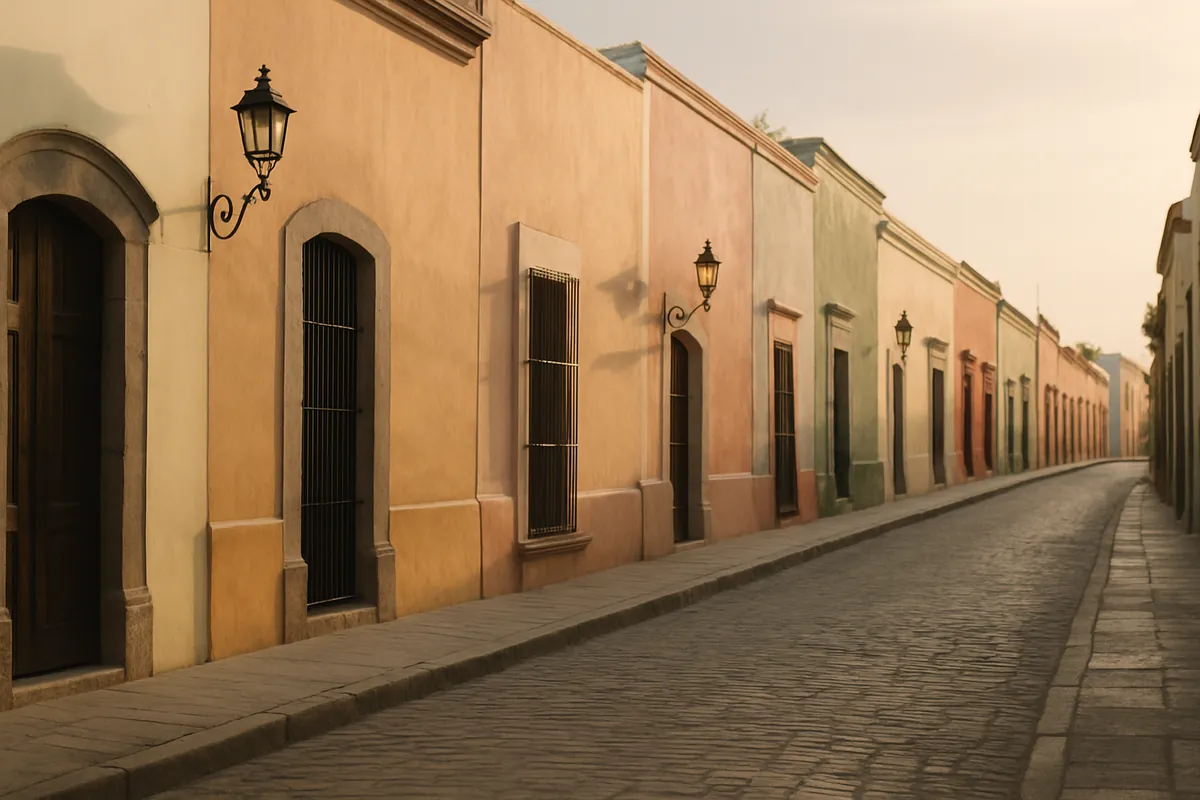 Pastel colonial facades on a quiet Mexican street in afternoon sun