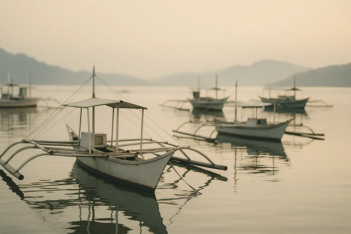 Wooden outrigger boats on calm harbour water in the Philippines
