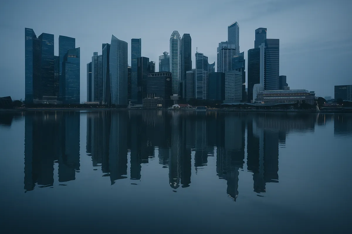Glass towers of the Singapore skyline reflected in still water