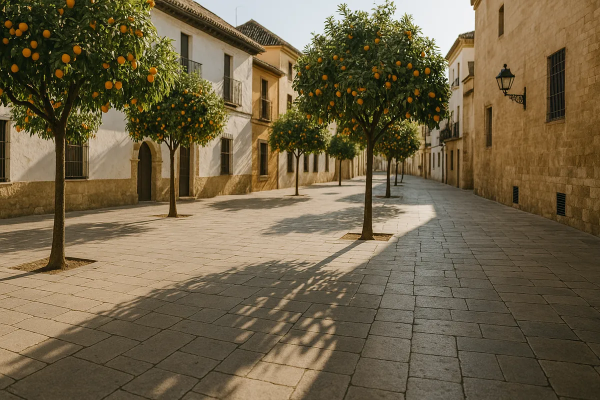 A sunlit stone plaza with orange trees in a Spanish old town