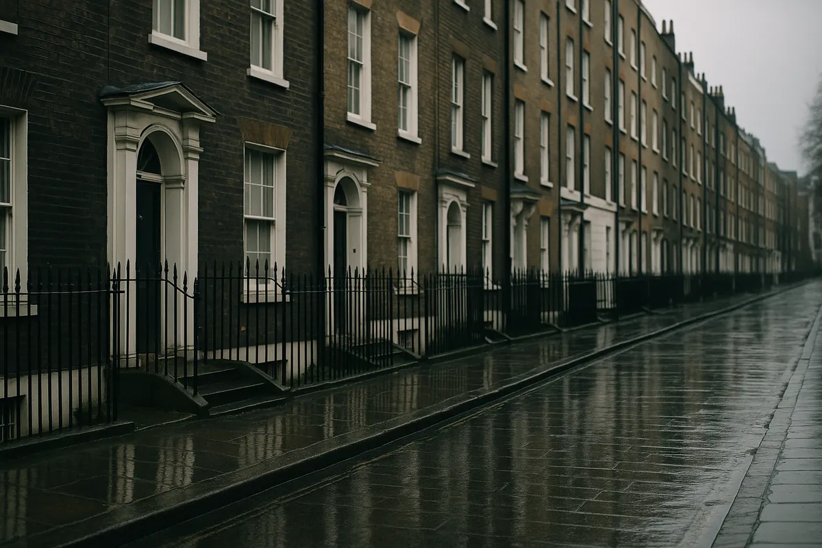 Georgian townhouse facades and wet pavement in London